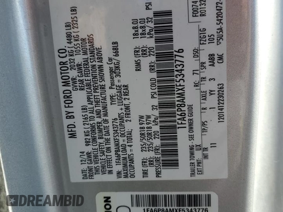 2015 Ford Mustang V6 with VIN 1FA6P8AMXF5343776, listed as a Copart auction lot 45768975 with 116,244 mi miles and Salvage Title. Bid and sale history available at DreamBid. Image 15.