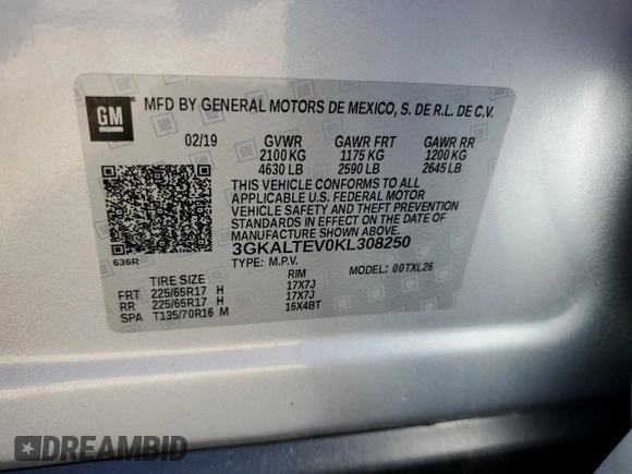 2019 GMC Terrain SLE with VIN 3GKALTEV0KL308250, listed as a Copart auction lot 74052644 with 55,933 mi miles and Non Repairable. Bid and sale history available at DreamBid. Image 13.
