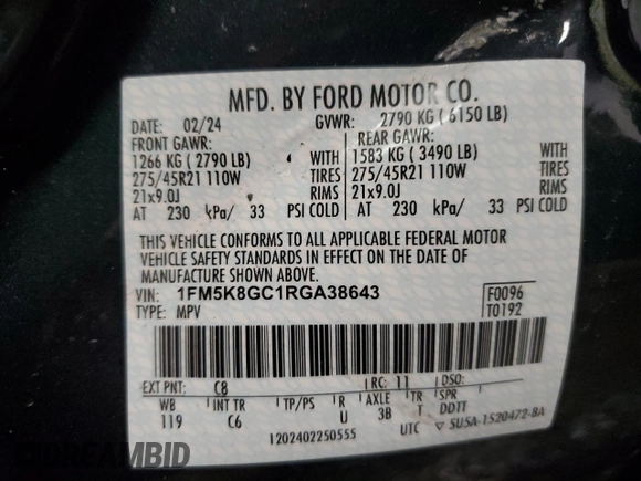 2024 Ford Explorer ST with VIN 1FM5K8GC1RGA38643, listed as a Copart auction lot 42594855 with 9,093 mi miles and Salvage Title. Bid and sale history available at carsss.com. Image 13.