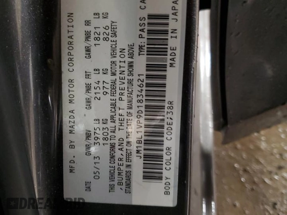 2013 Mazda 3 i Touring with VIN JM1BL1VP9D1834621, listed as a Copart auction lot 86159364 with 100,880 mi miles and Salvage Title. Bid and sale history available at DreamBid. Image 12.