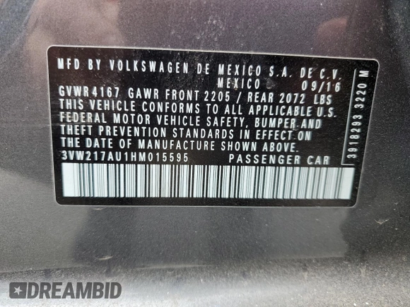 2017 Volkswagen Golf S с VIN 3VW217AU1HM015595, выставлен на аукционе Copart как лот 57384805 с пробегом 49 257 миль миль и Списание • Salvage title. История ставок и продаж доступна на DreamBid. Изображение 12.