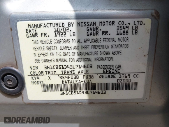 2003 Nissan Sentra XE z VIN 3N1CB51D43L714603, wystawiony jako IAAI lot #42392644 z przebiegiem 201 656 mil mil oraz . Historia ofert i sprzedaży dostępna na DreamBid. Obrazek 9.
