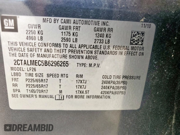 2011 GMC Terrain SLE-1 with VIN 2CTALMEC5B6296265, listed as a Copart auction lot 61905465 with 171,370 mi miles and Salvage title. Bid and sale history available at DreamBid. Image 13.