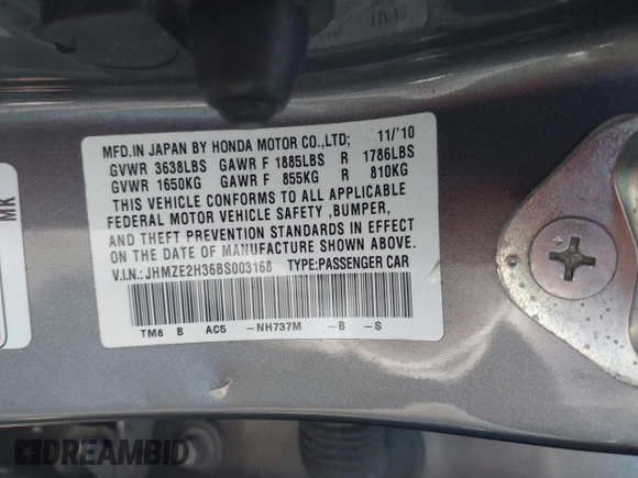 2011 Honda Insight с VIN JHMZE2H36BS003168, выставлен на аукционе IAAI как лот 41863599 с пробегом 110 882 миль миль и . История ставок и продаж доступна на DreamBid. Изображение 9.