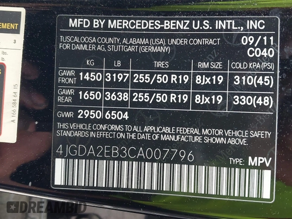 2012 Mercedes-Benz M 350 with VIN 4JGDA2EB3CA007796, listed as a IAAI auction lot 41914613 with 160,578 mi miles and . Bid and sale history available at DreamBid. Image 9.