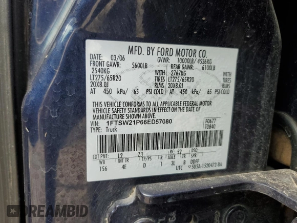 2006 Ford F-250 XL with VIN 1FTSW21P66ED57080, listed as a Copart auction lot 87286064 with 242,283 mi miles and Salvage title. Bid and sale history available at DreamBid. Image 12.