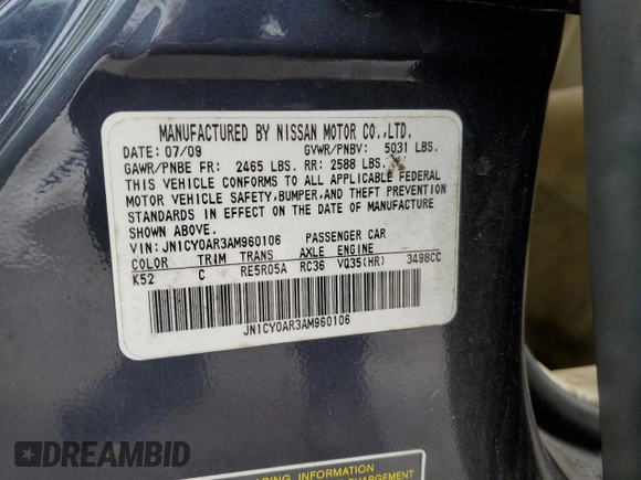 2010 Infiniti M with VIN JN1CY0AR3AM960106, listed as a Copart auction lot 88242525 with Not provided miles and Salvage title. Bid and sale history available at DreamBid. Image 12.