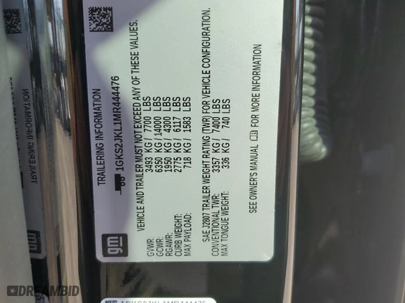 2021 GMC Yukon XL Denali with VIN 1GKS2JKL1MR444476, listed as a Copart auction lot 47827265 with 98,058 mi miles and Salvage Title. Bid and sale history available at carsss.com. Image 13.