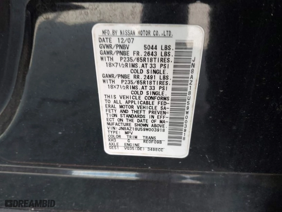 2009 Nissan Murano S with VIN JN8AZ18U59W003918, listed as a IAAI auction lot 41552455 with 143,503 mi miles. Bid and sale history available at carsss.com. Image 9.