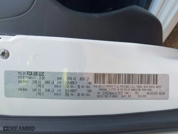 2020 Dodge Grand Caravan SE Plus with VIN 2C4RDGBG4LR175537, listed as a IAAI auction lot 42012336 with 184,222 mi miles. Bid and sale history available at carsss.com. Image 9.