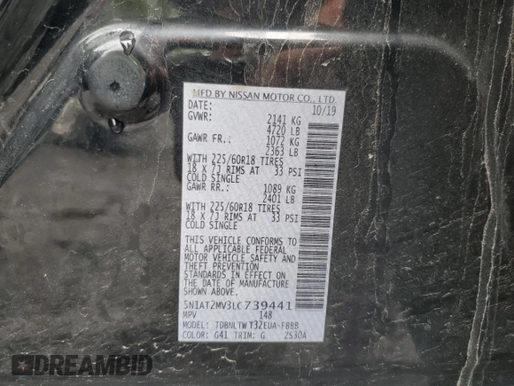2020 Nissan Rogue SL z VIN 5N1AT2MV3LC739441, wystawiony jako Copart lot #58055385 z przebiegiem 59 802 mil mil oraz Szkoda całkowita • Salvage title. Historia ofert i sprzedaży dostępna na DreamBid. Obrazek 13.
