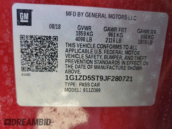 2018 Chevrolet Malibu LT z VIN 1G1ZD5ST9JF280721, wystawiony jako Copart lot #53960855 z przebiegiem 97 605 mil mil oraz Szkoda całkowita • Salvage title. Historia ofert i sprzedaży dostępna na DreamBid. Obrazek 13.
