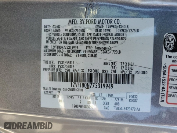 2007 Ford Mustang Deluxe with VIN 1ZVFT80N775319949, listed as a Copart auction lot 57623665 with 128,972 mi miles and Salvage title. Bid and sale history available at DreamBid. Image 12.