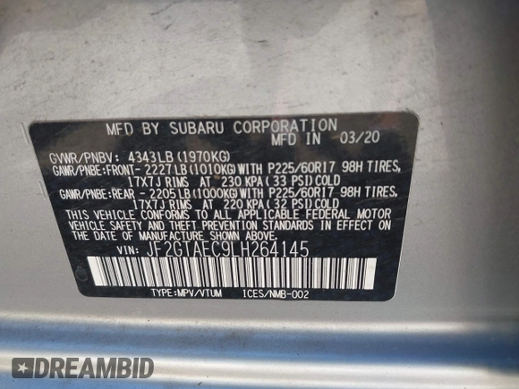2020 Subaru Crosstrek Premium with VIN JF2GTAEC9LH264145, listed as a IAAI auction lot 42395084 with 40,071 mi miles and . Bid and sale history available at DreamBid. Image 9.