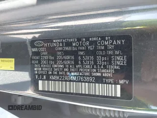 2022 Hyundai Kona Preferred with VIN KM8K22AB4NU763892, listed as a IAAI auction lot 41840434 with 62,197 mi miles and . Bid and sale history available at carsss.com. Image 9.