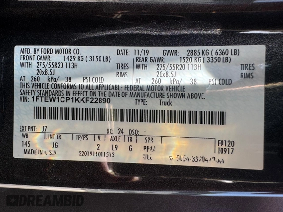 2019 Ford F-150 XL with VIN 1FTEW1CP1KKF22890, listed as a Copart auction lot 61813095 with 63,774 mi miles and Salvage title. Bid and sale history available at DreamBid. Image 15.