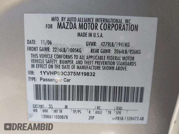 2007 Mazda 6 i Sport VE with VIN 1YVHP80C375M19832, listed as a IAAI auction lot 41309583 with 236,940 mi miles and . Bid and sale history available at carsss.com. Image 9.