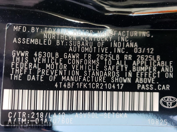 2012 Toyota Camry L with VIN 4T4BF1FK1CR210417, listed as a Copart auction lot 54521805 with 97,406 mi miles and Salvage Title. Bid and sale history available at carsss.com. Image 12.