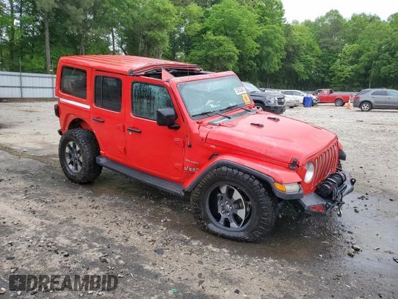 2018 Jeep Wrangler Unlimited Sahara with VIN 1C4HJXEG9JW146717, listed as a Copart auction lot 55062845 with 148,844 mi miles and Salvage title. Bid and sale history available at DreamBid. Image 4.