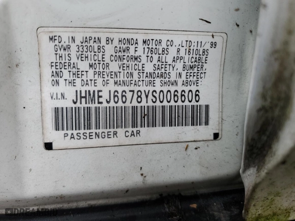 2000 Honda Civic LX with VIN JHMEJ6678YS006606, listed as a Copart auction lot 51160965 with 124,011 mi miles and Salvage Title. Bid and sale history available at carsss.com. Image 13.