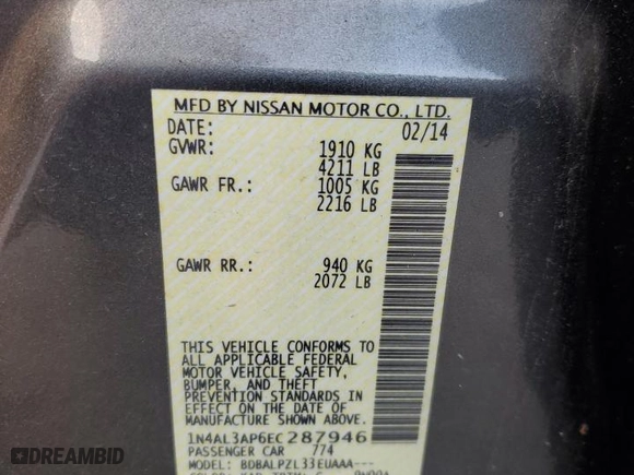 2014 Nissan Altima 2.5 with VIN 1N4AL3AP6EC287946, listed as a Copart auction lot 86116094 with 0 mi miles and Salvage Title. Bid and sale history available at carsss.com. Image 13.