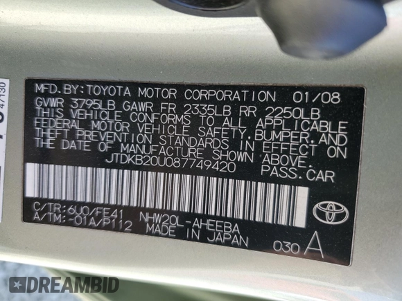 2008 Toyota Prius z VIN JTDKB20U087749420, wystawiony jako Copart lot #54011265 z przebiegiem 147 112 mil mil oraz Szkoda całkowita • Salvage title. Historia ofert i sprzedaży dostępna na DreamBid. Obrazek 12.