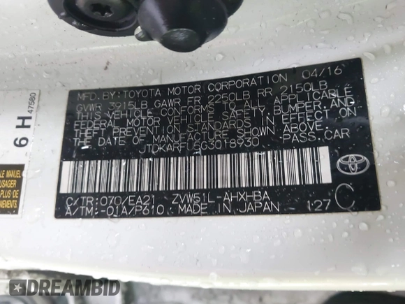 2016 Toyota Prius Four z VIN JTDKARFU5G3018930, wystawiony jako IAAI lot #41570722 z przebiegiem 172 791 mil mil oraz . Historia ofert i sprzedaży dostępna na DreamBid. Obrazek 9.