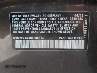 2013 Volkswagen CC Sport Plus с VIN WVWBP7ANXDE506564, выставлен на аукционе IAAI как лот 42312546 с пробегом 217 136 миль миль и . История ставок и продаж доступна на DreamBid. Изображение 9.