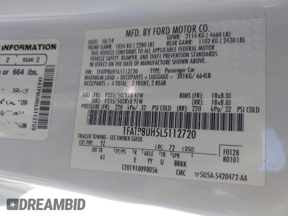 2020 Ford Mustang EcoBoost with VIN 1FATP8UH5L5112720, listed as a IAAI auction lot 42626596 with Not provided miles and . Bid and sale history available at DreamBid. Image 9.