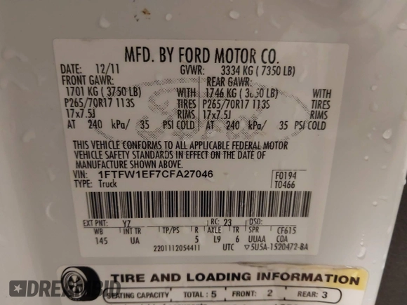 2012 Ford F-150 XL with VIN 1FTFW1EF7CFA27046, listed as a IAAI auction lot 41882637 with 160,271 mi miles. Bid and sale history available at carsss.com. Image 9.