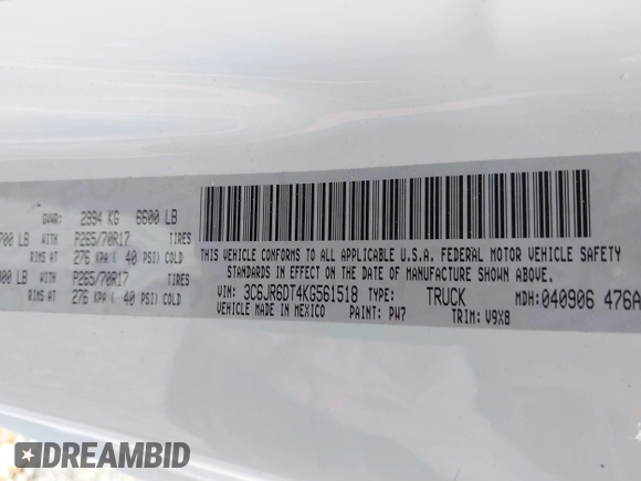 2019 Ram 1500 Tradesman z VIN 3C6JR6DT4KG561518, wystawiony jako IAAI lot #42726625 z przebiegiem 161 859 mil mil oraz . Historia ofert i sprzedaży dostępna na DreamBid. Obrazek 9.