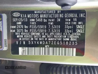 2014 Kia Sorento SX with VIN 5XYKWDA72EG518235, listed as a IAAI auction lot 42165235 with 131,603 mi miles. Bid and sale history available at carsss.com. Image 9.