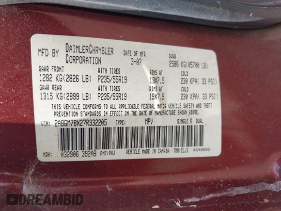 2007 Chrysler Pacifica with VIN 2A8GM78X27R332205, listed as a IAAI auction lot 42710201 with 191,151 mi miles and . Bid and sale history available at DreamBid. Image 9.