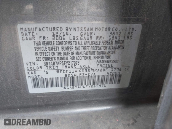 2015 Nissan Sentra SR with VIN 3N1AB7AP6FY217976, listed as a IAAI auction lot 42031415 with 130,572 mi miles and . Bid and sale history available at DreamBid. Image 9.