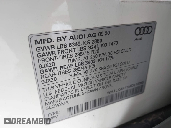 2021 Audi Q7 Premium Plus with VIN WA1LXAF71MD013285, listed as a IAAI auction lot 41962332 with 81,746 mi miles and . Bid and sale history available at DreamBid. Image 9.