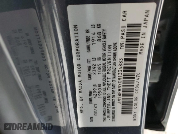 2021 Mazda 3 Premium Plus с VIN JM1BPBNY0M1334883, выставлен на аукционе Copart как лот 85558544 с пробегом 70 178 миль миль и Списание • Salvage title. История ставок и продаж доступна на DreamBid. Изображение 13.
