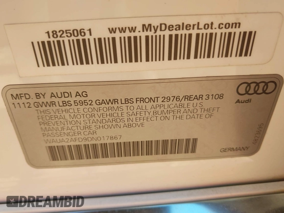 2013 Audi A8 4.0L with VIN WAUA2AFD9DN017867, listed as a IAAI auction lot 40430651 with 114,928 mi miles and . Bid and sale history available at DreamBid. Image 9.