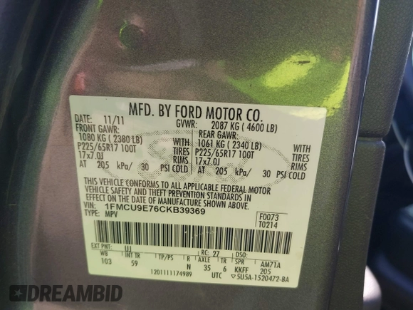 2012 Ford Escape Limited с VIN 1FMCU9E76CKB39369, выставлен на аукционе IAAI как лот 42220363 с пробегом 179 113 миль миль и . История ставок и продаж доступна на DreamBid. Изображение 9.
