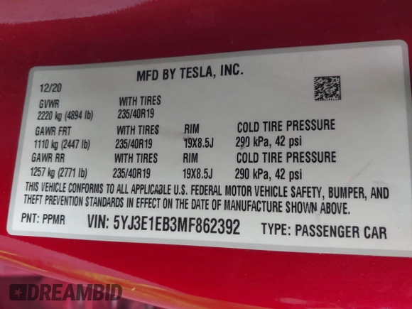 2021 Tesla Model 3 Long Range with VIN 5YJ3E1EB3MF862392, listed as a IAAI auction lot 41765987 with 51,915 mi miles and . Bid and sale history available at DreamBid. Image 9.
