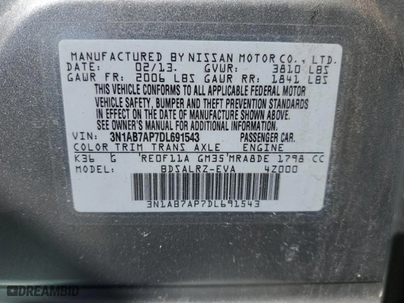 2013 Nissan Sentra SR with VIN 3N1AB7AP7DL691543, listed as a Copart auction lot 52456575 with 147,205 mi miles and Salvage Title. Bid and sale history available at carsss.com. Image 12.