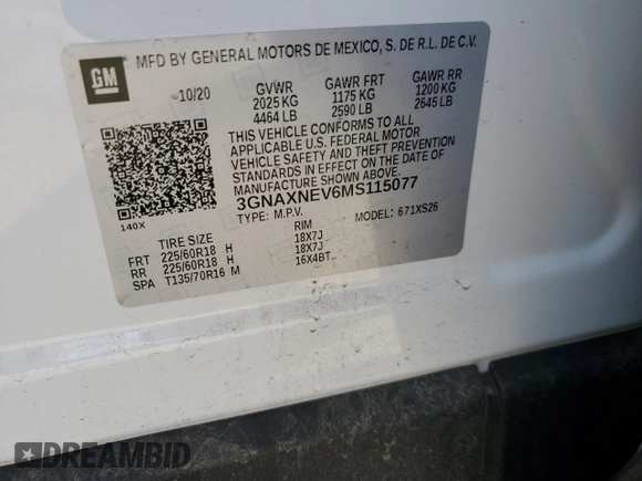 2021 Chevrolet Equinox Premier z VIN 3GNAXNEV6MS115077, wystawiony jako Copart lot #53614425 z przebiegiem 50 438 mil mil oraz Szkoda całkowita • Salvage title. Historia ofert i sprzedaży dostępna na DreamBid. Obrazek 13.