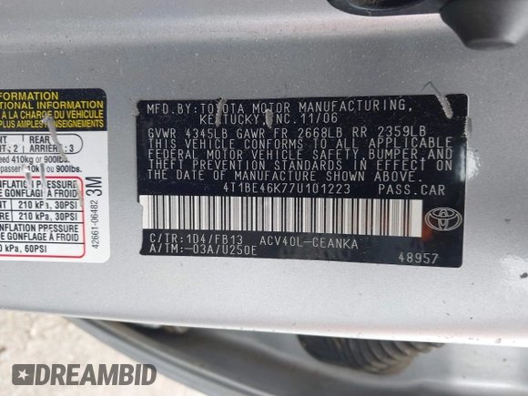 2007 Toyota Camry CE with VIN 4T1BE46K77U101223, listed as a IAAI auction lot 42282044 with 153,807 mi miles and . Bid and sale history available at DreamBid. Image 9.