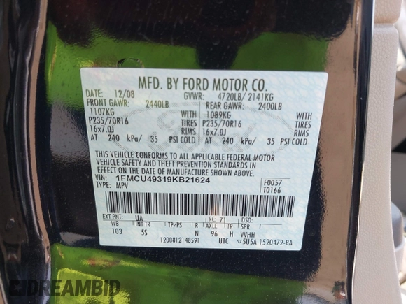 2009 Ford Escape Hybrid with VIN 1FMCU49319KB21624, listed as a IAAI auction lot 42666813 with 167,423 mi miles and . Bid and sale history available at DreamBid. Image 9.