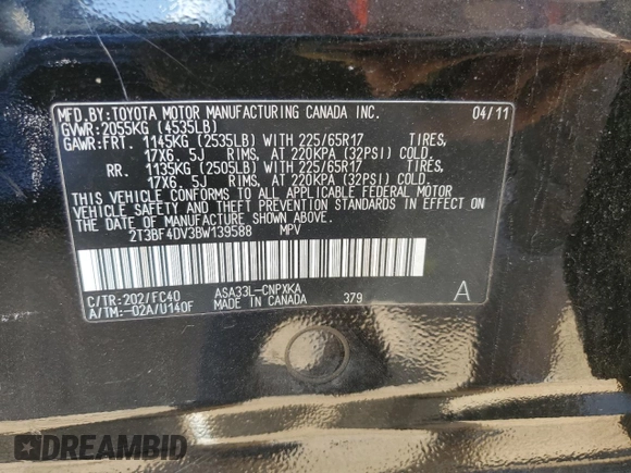 2011 Toyota RAV4 with VIN 2T3BF4DV3BW139588, listed as a Copart auction lot 68754394 with 106,232 mi miles and Salvage Title. Bid and sale history available at carsss.com. Image 13.
