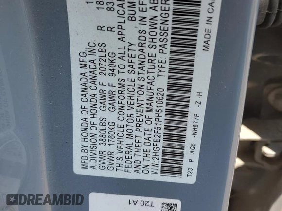 2023 Honda Civic Sport with VIN 2HGFE2F51PH510620, listed as a Copart auction lot 62756535 with 59,625 mi miles and Salvage title. Bid and sale history available at DreamBid. Image 12.