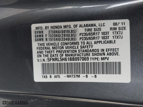 2011 Honda Odyssey EX-L with VIN 5FNRL5H61BB097069, listed as a IAAI auction lot 41723100 with 252,529 mi miles. Bid and sale history available at carsss.com. Image 9.