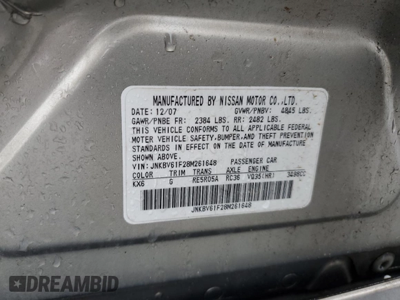 2008 Infiniti G35 x with VIN JNKBV61F28M261648, listed as a Copart auction lot 73111594 with Not Provided miles and Salvage Title. Bid and sale history available at DreamBid. Image 12.
