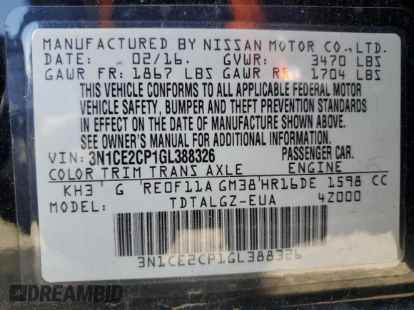 2016 Nissan Note SR with VIN 3N1CE2CP1GL388326, listed as a Copart auction lot 48558535 with 120,253 mi miles and Salvage title. Bid and sale history available at DreamBid. Image 14.