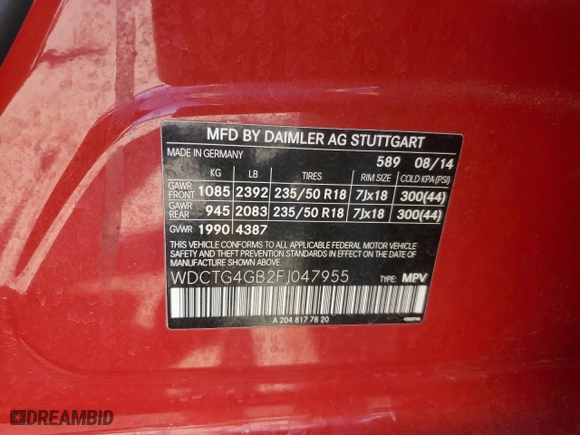 2015 Mercedes-Benz GLA-Class GLA 250 with VIN WDCTG4GB2FJ047955, listed as a Copart auction lot 52409975 with 38,257 mi miles and Clean Title. Bid and sale history available at carsss.com. Image 13.
