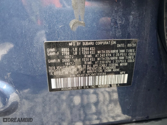 2021 Subaru Outback Touring with VIN 4S4BTAPCXM3109586, listed as a Copart auction lot 81755914 with 0 mi miles and Salvage Title. Bid and sale history available at carsss.com. Image 13.